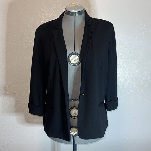 NYCC Black Blazer Single Button Jacket Women’s Size LARGE Rolled 3/4 Sleeves - Picture 11 of 12